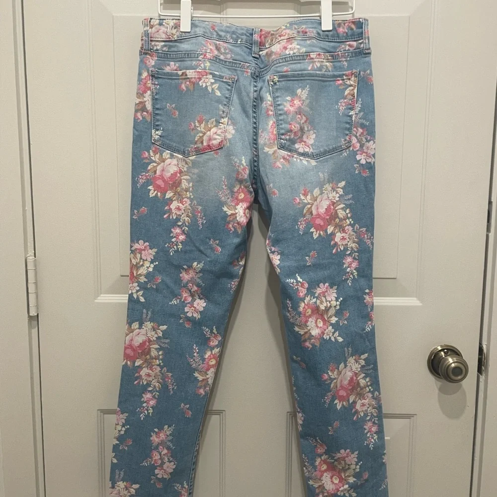 GAP Kid's Floral Light Denim Jeans, Soft Pink Vintage Flowers, Stretch, Raw Hem